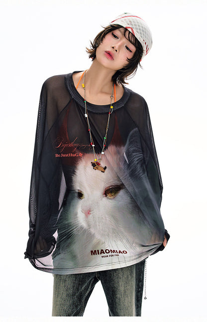 Sheer Oversized Cat Mesh Top