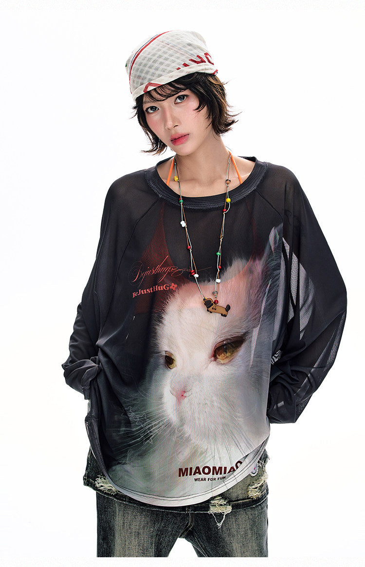 Sheer Oversized Cat Mesh Top
