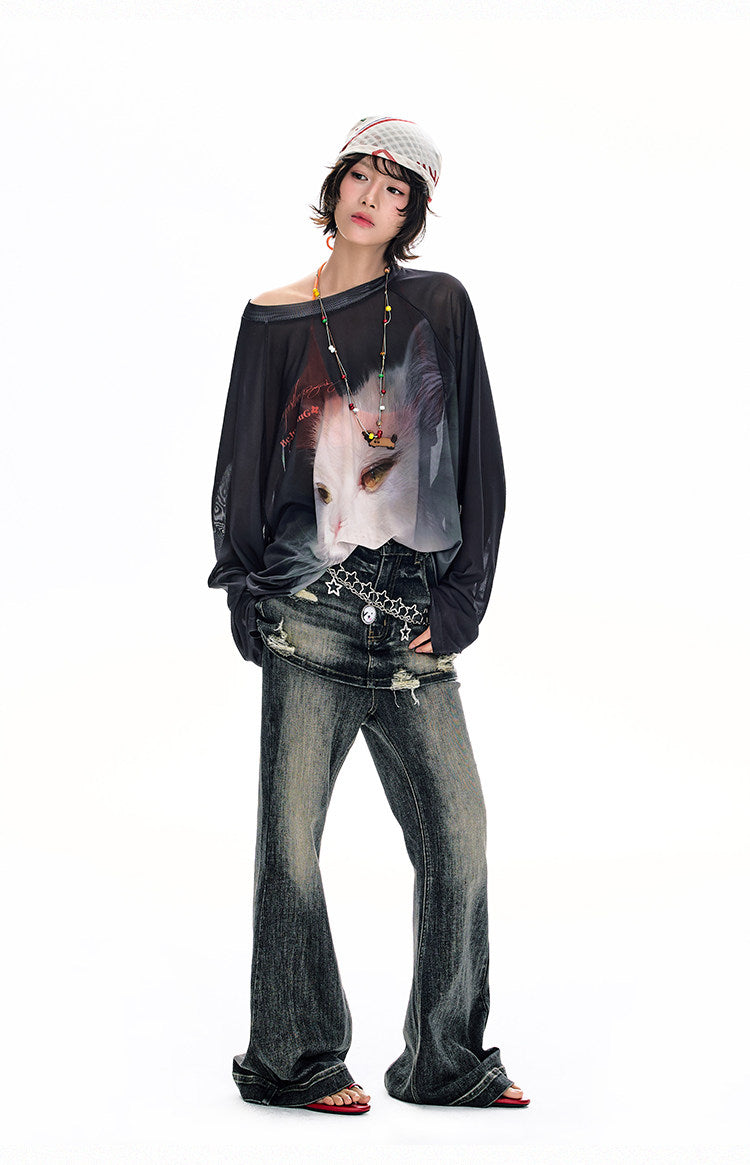 Sheer Oversized Cat Mesh Top