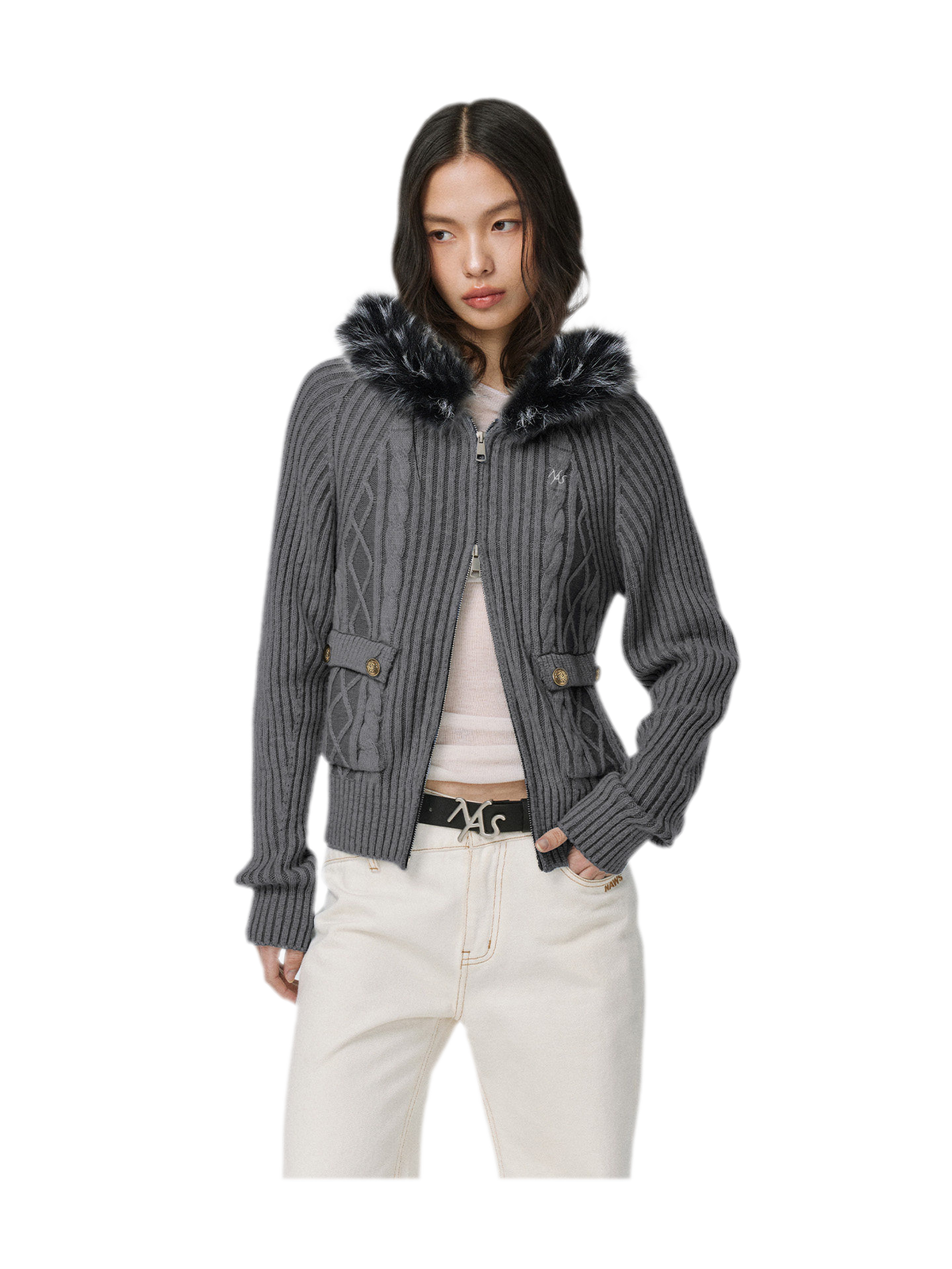Gilet ajusté à capuche en maille torsadée
