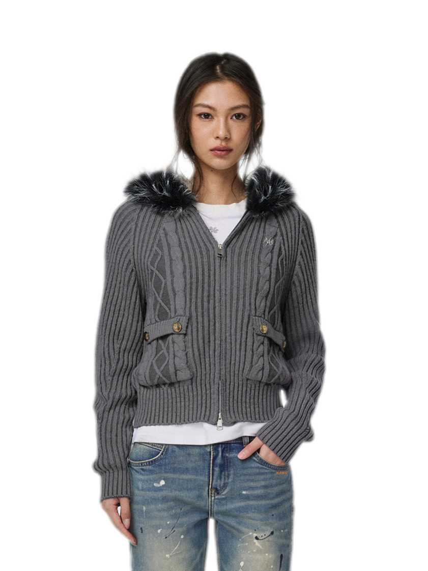 Cable-Knit Fitted Hooded Cardigan