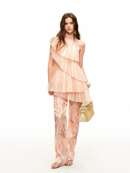 Glossy Pleated Floral Pants Set