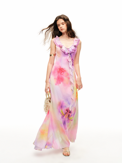 Watercolor Ruffle V-Neck Dress