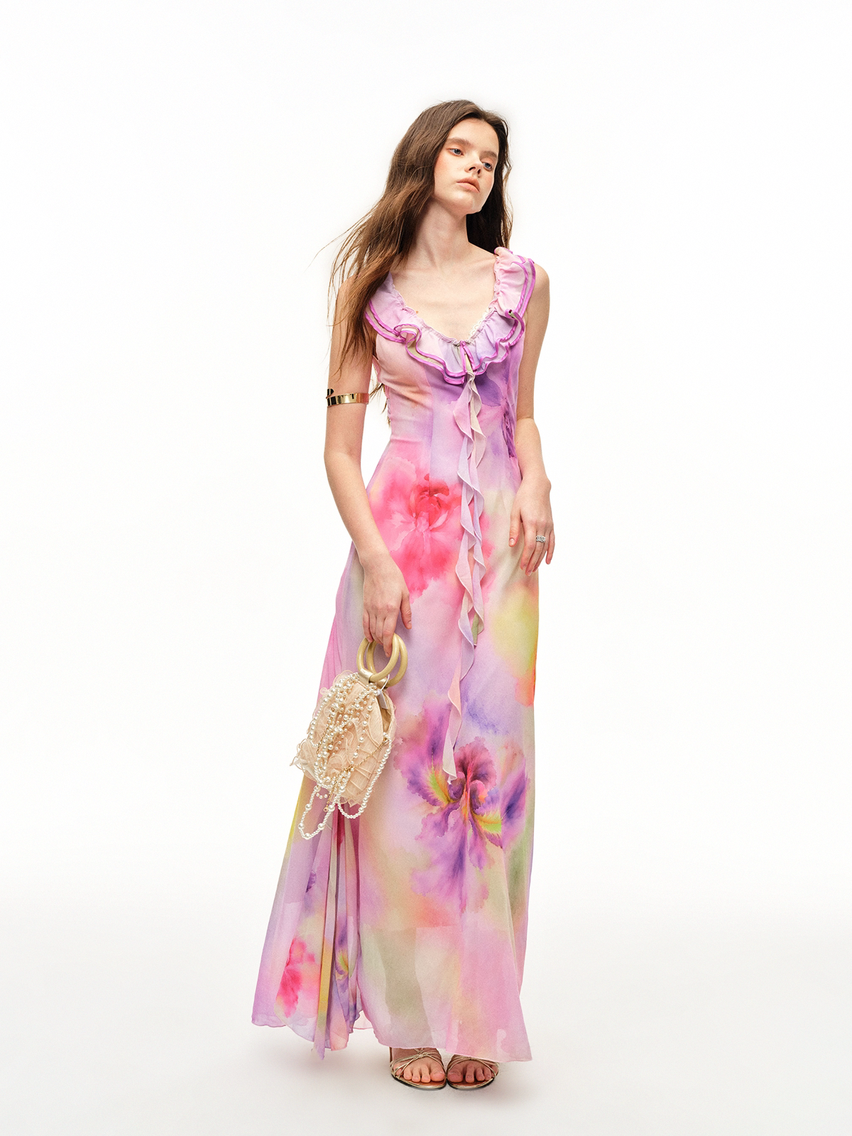 Watercolor Ruffle V-Neck Dress
