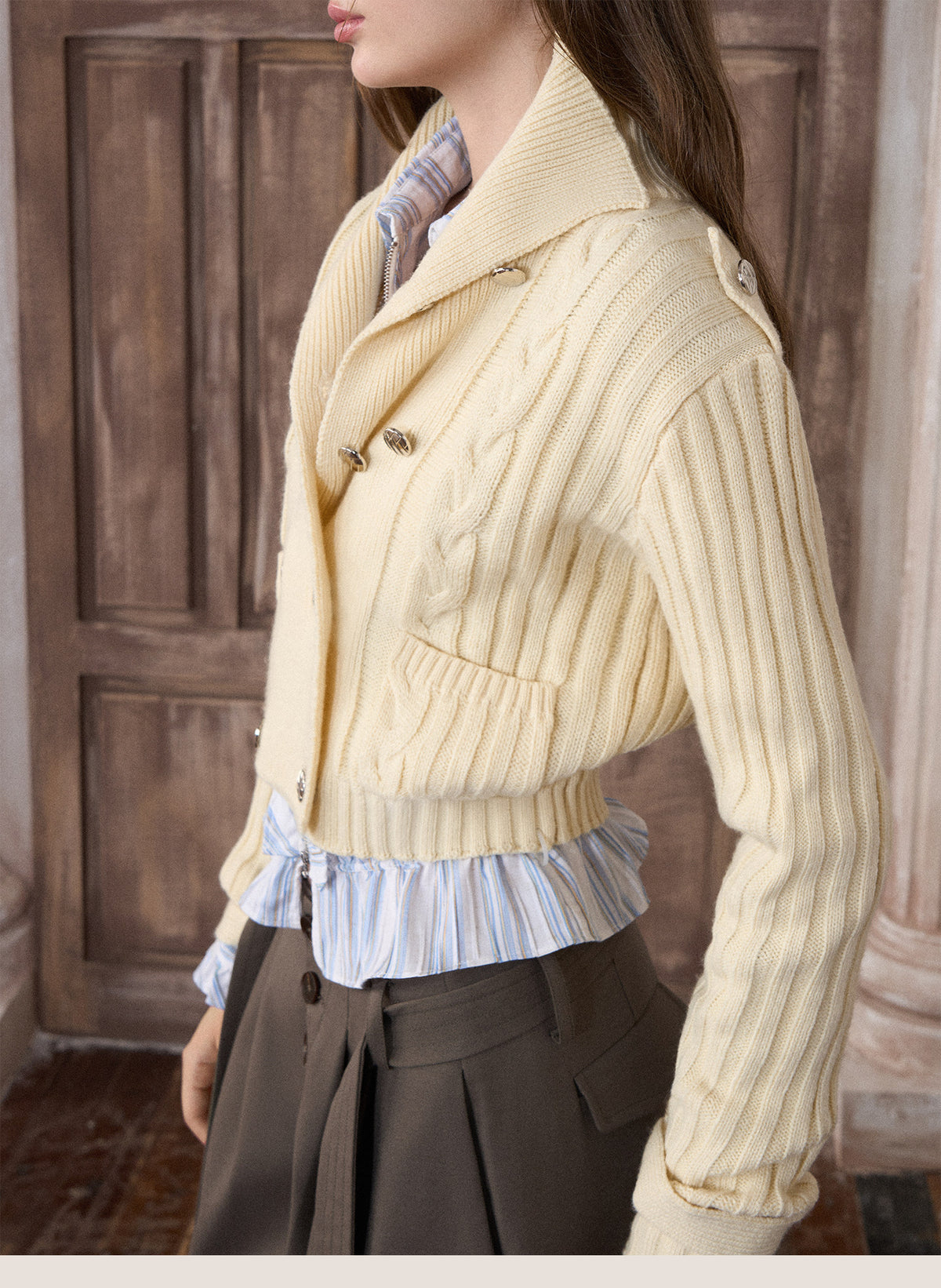 Cable-Knit Cropped Wool Cardigan