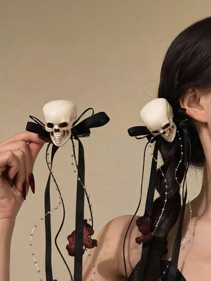 Gothic Skull Ribbon Hair Clips