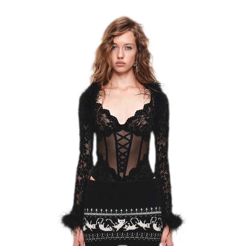 Boléro court en dentelle floquée et plumes