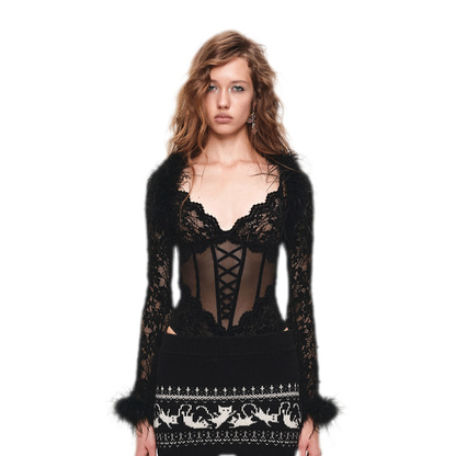 Boléro court en dentelle floquée et plumes