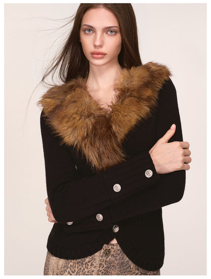 Veste en maille à col en fausse fourrure teintée