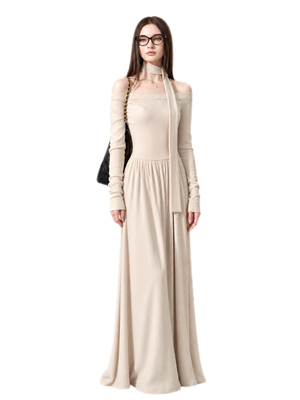 Robe longue côtelée à ruban