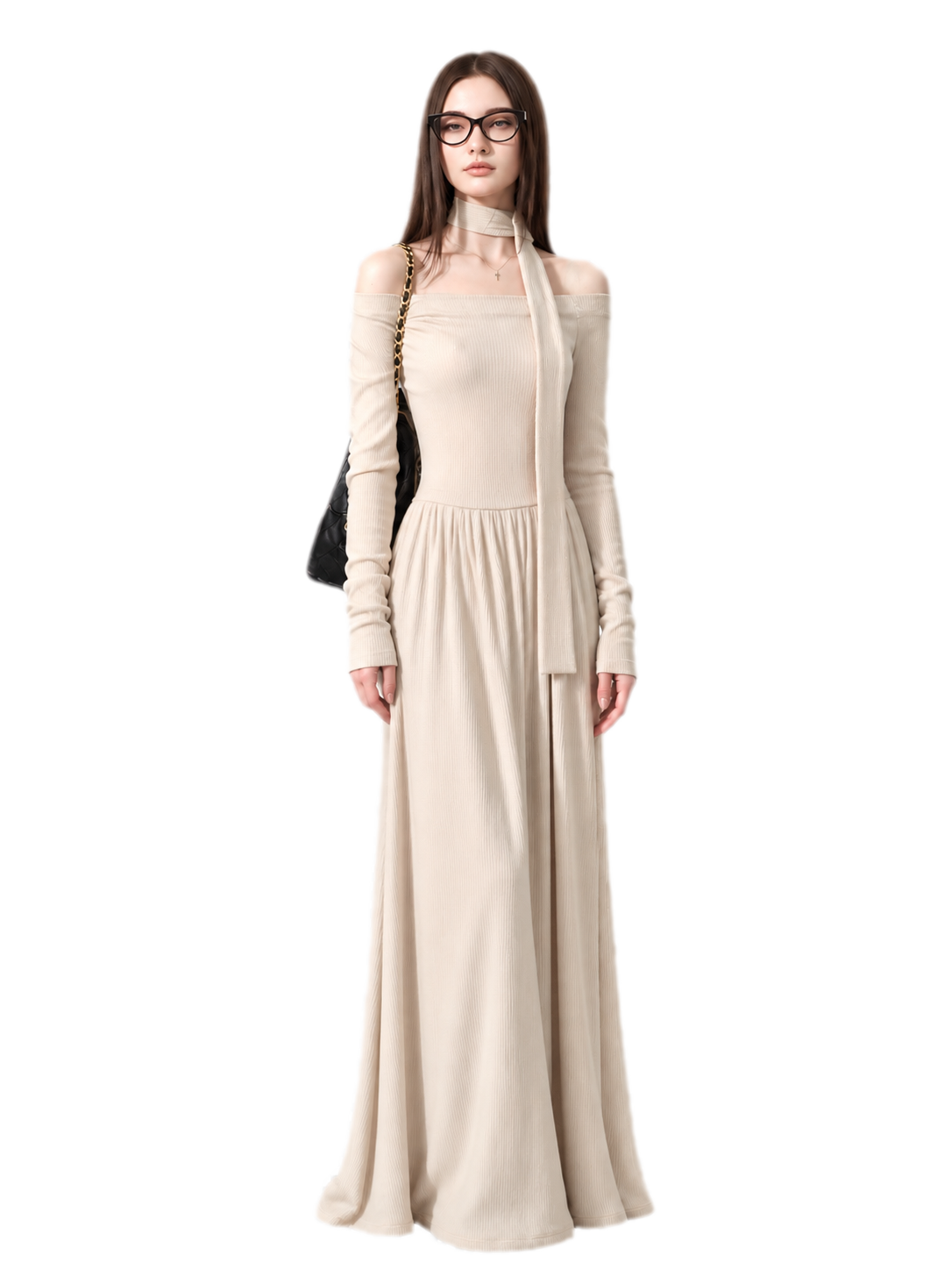 Robe longue côtelée à ruban