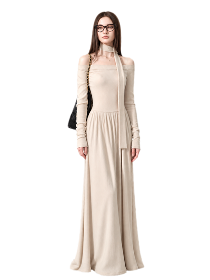 Robe longue côtelée à ruban