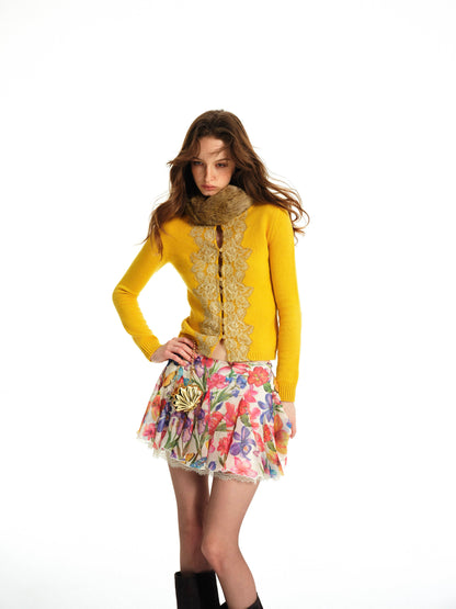 Conjunto de cárdigan de lana y falda de encaje