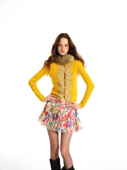 Conjunto de cárdigan de lana y falda de encaje
