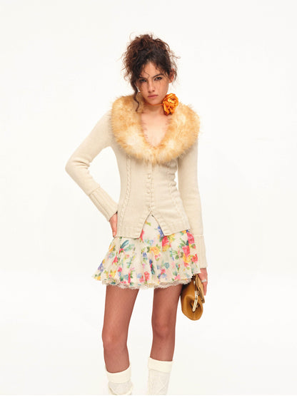 Bộ cardigan và chân váy dệt kim ánh nhũ