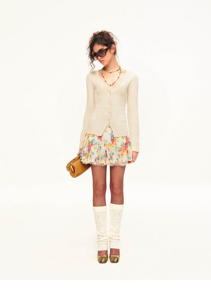 Bộ cardigan và chân váy dệt kim ánh nhũ
