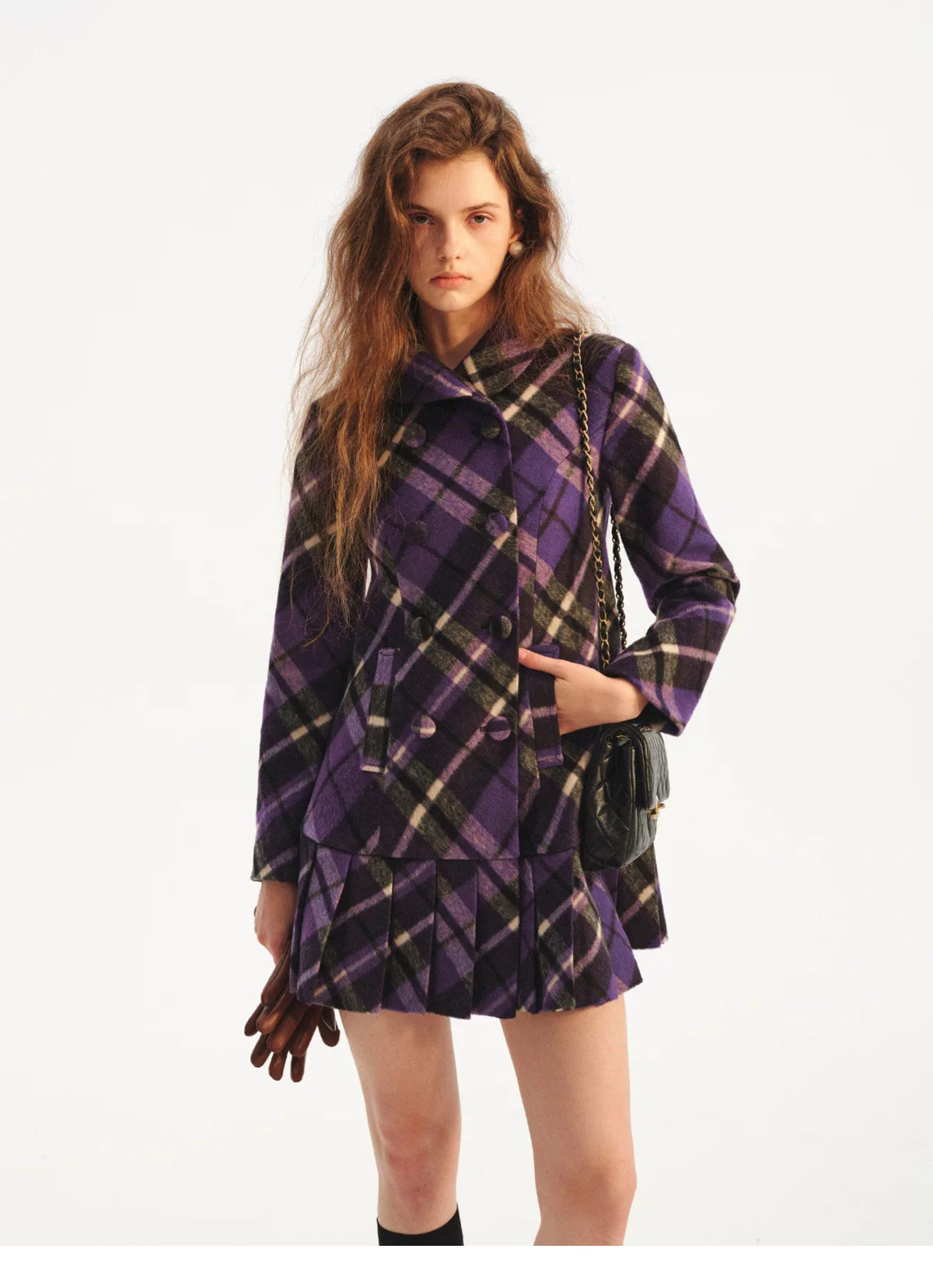 Plaid Pleated A-Line Wool Coat