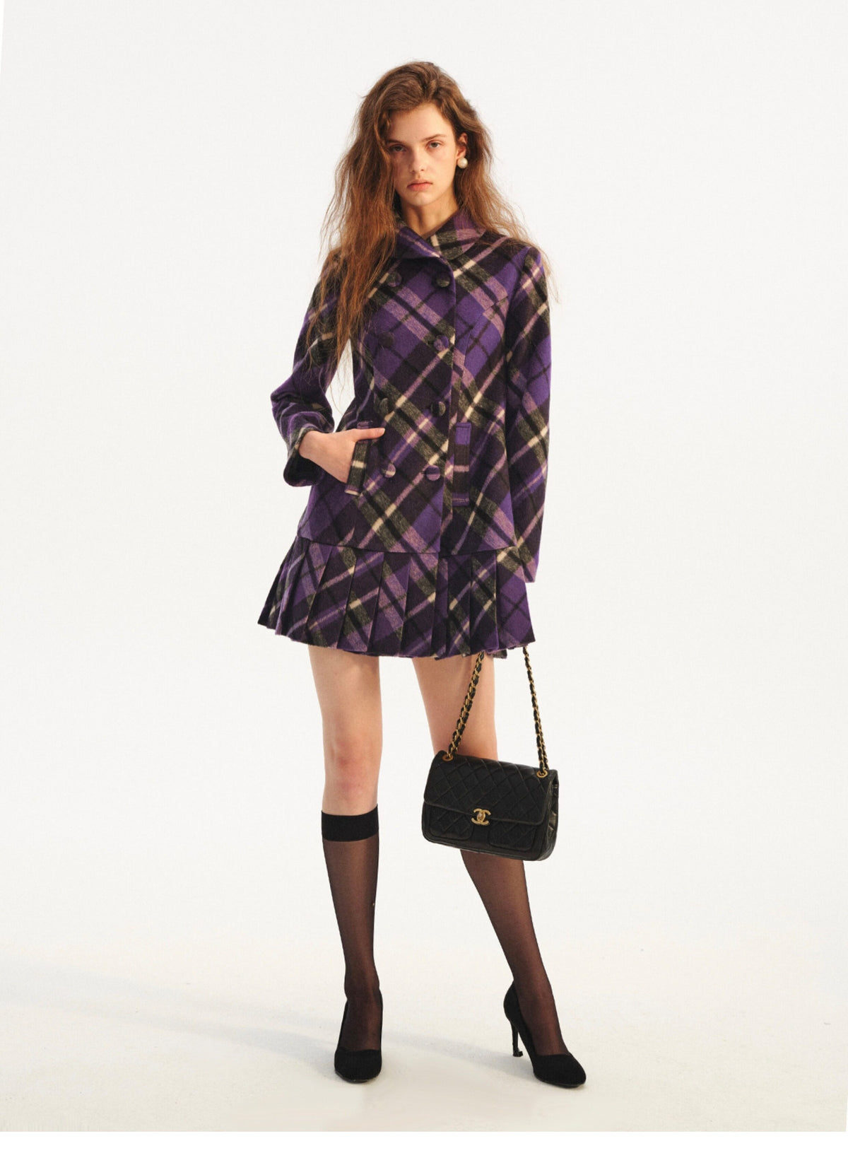 Plaid Pleated A-Line Wool Coat