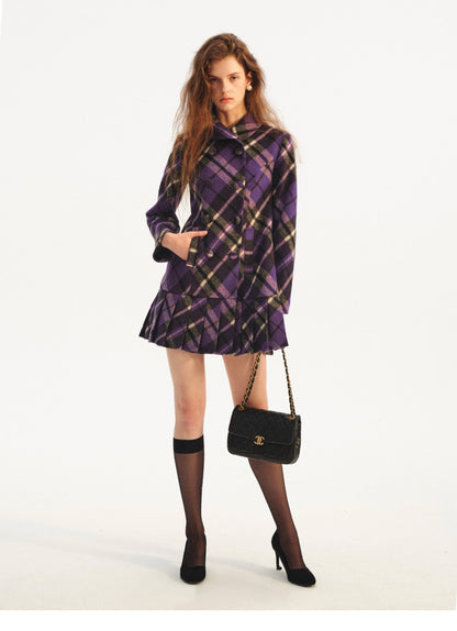 Plaid Pleated A-Line Wool Coat
