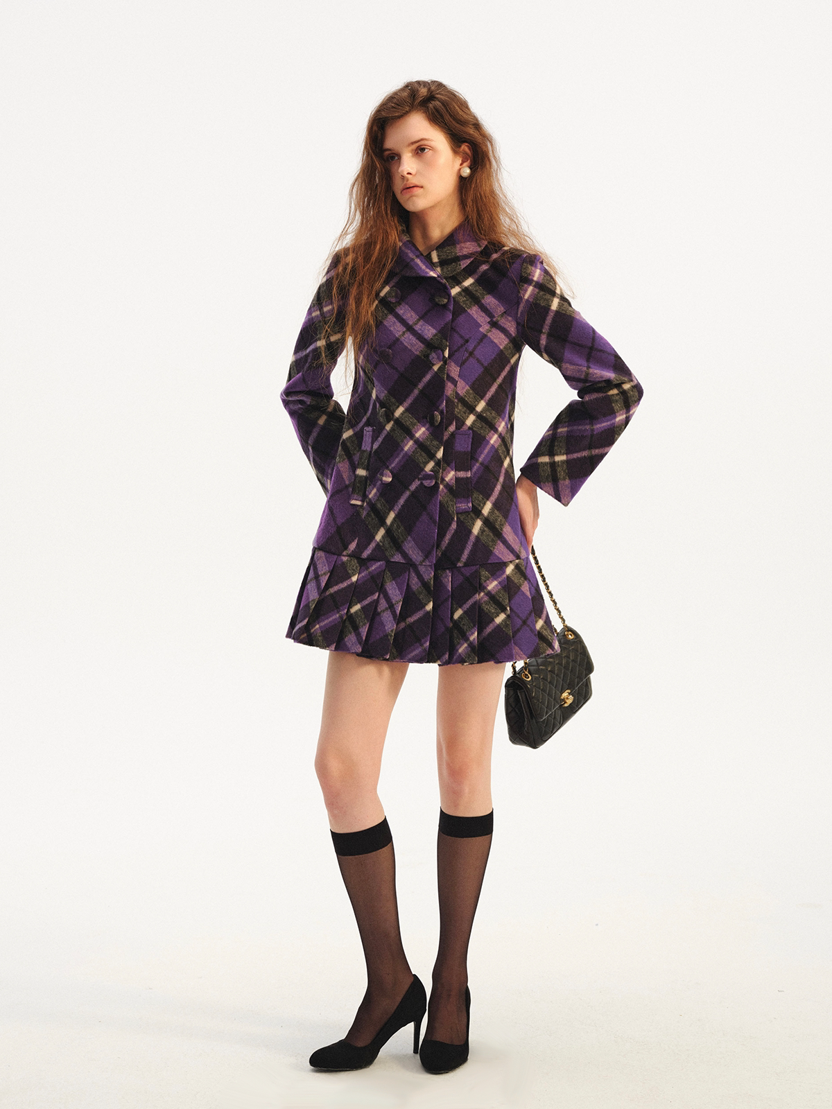 Plaid Pleated A-Line Wool Coat