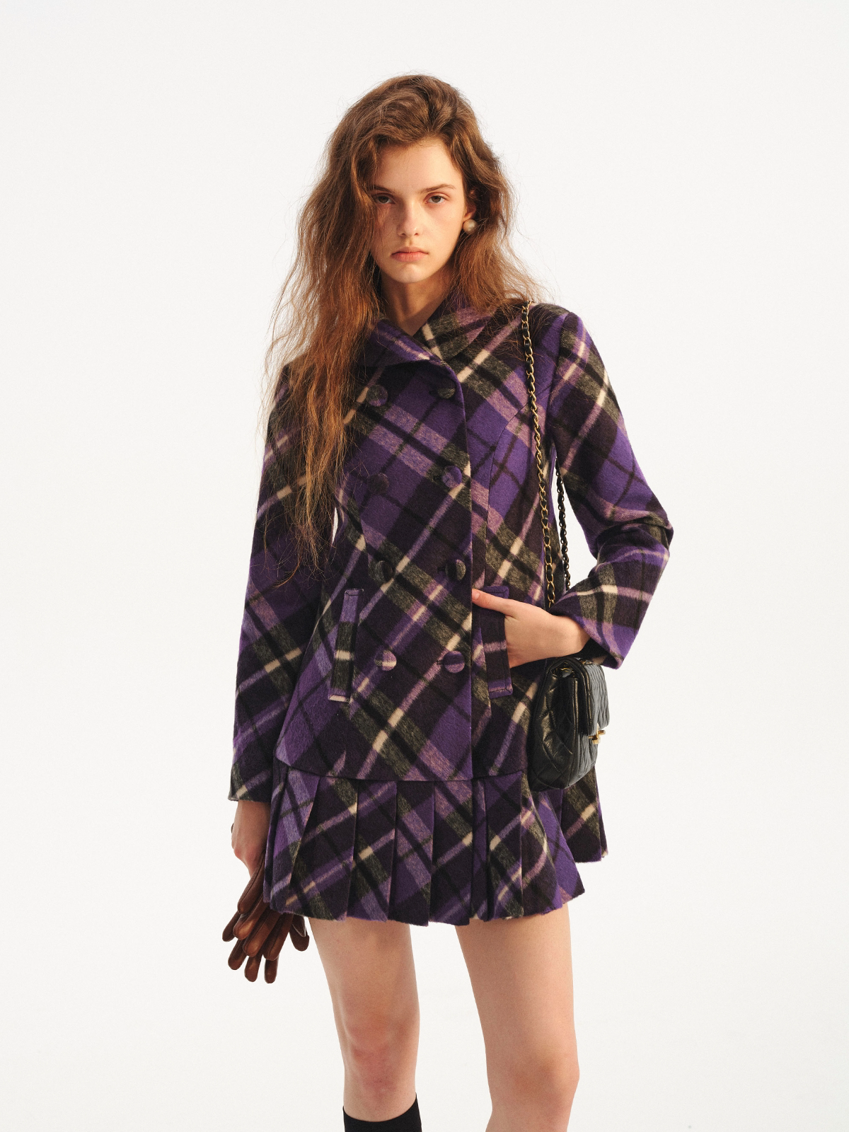 Plaid Pleated A-Line Wool Coat