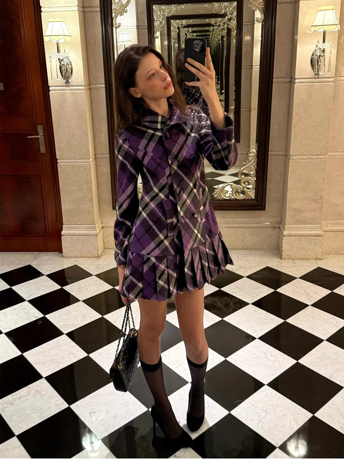 Plaid Pleated A-Line Wool Coat