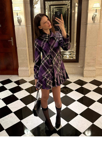 Plaid Pleated A-Line Wool Coat