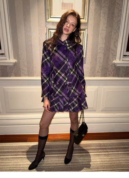Plaid Pleated A-Line Wool Coat