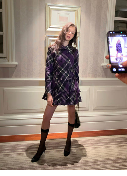 Plaid Pleated A-Line Wool Coat
