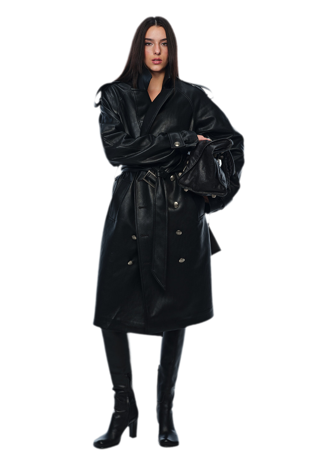 PU Leather Belted Trench Coat