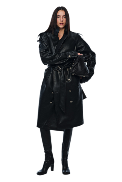 PU Leather Belted Trench Coat