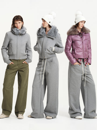 Conjunto de sudadera corta con cuello de pelo sintético