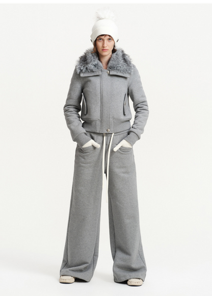 Conjunto de sudadera corta con cuello de pelo sintético
