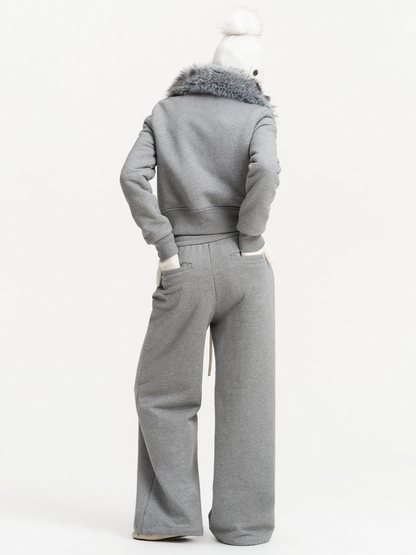 Conjunto de sudadera corta con cuello de pelo sintético