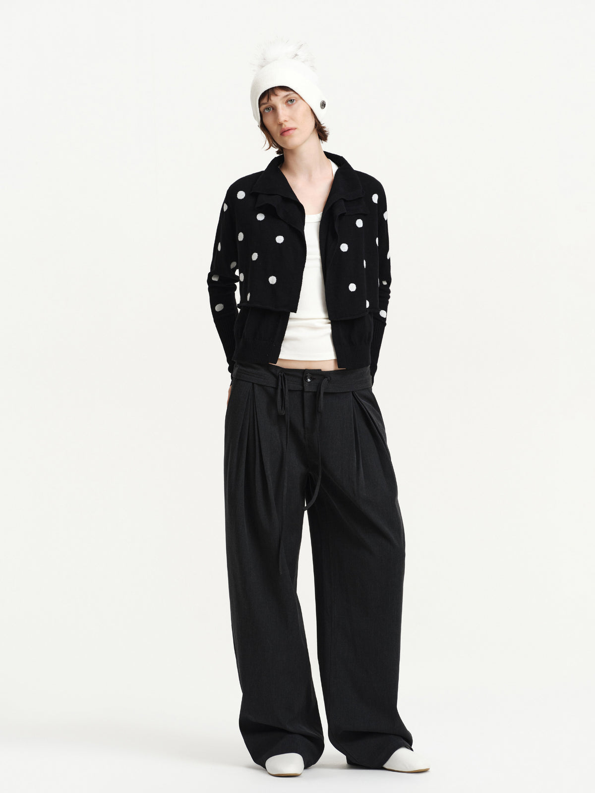 Cardigan in maglia drappeggiato a pois