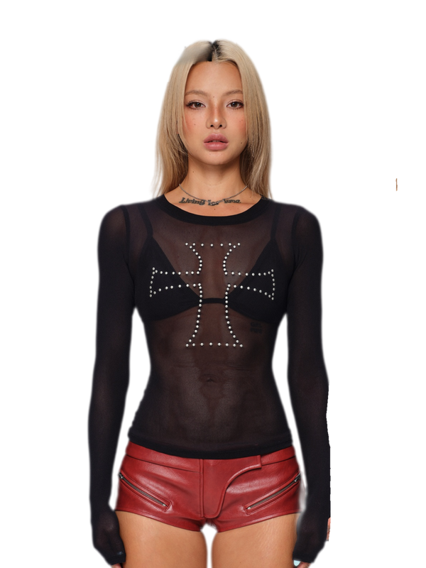 Rhinestone Cross Mesh Two-Piece Set