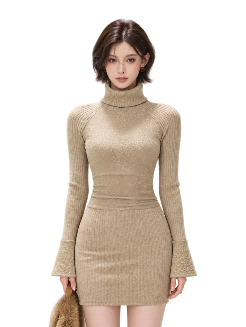 Lace Panel Ribbed Mini Dress