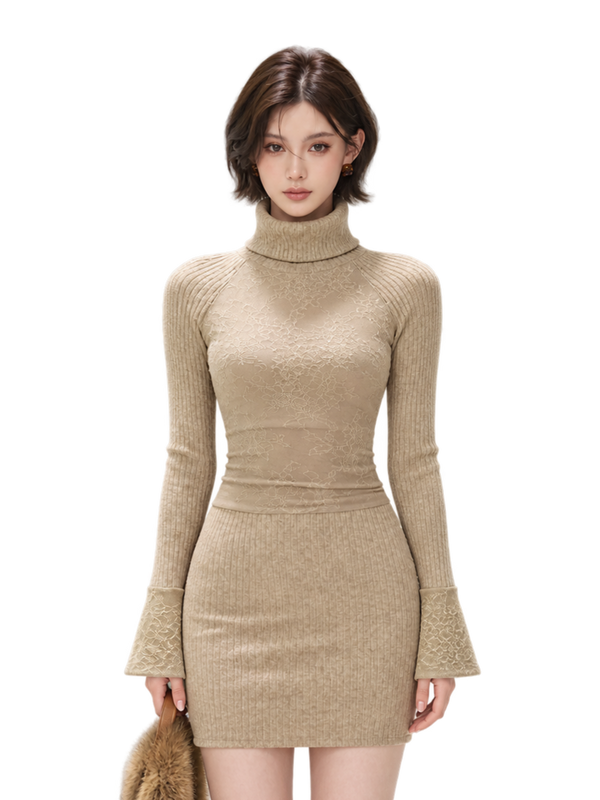 Lace Panel Ribbed Mini Dress