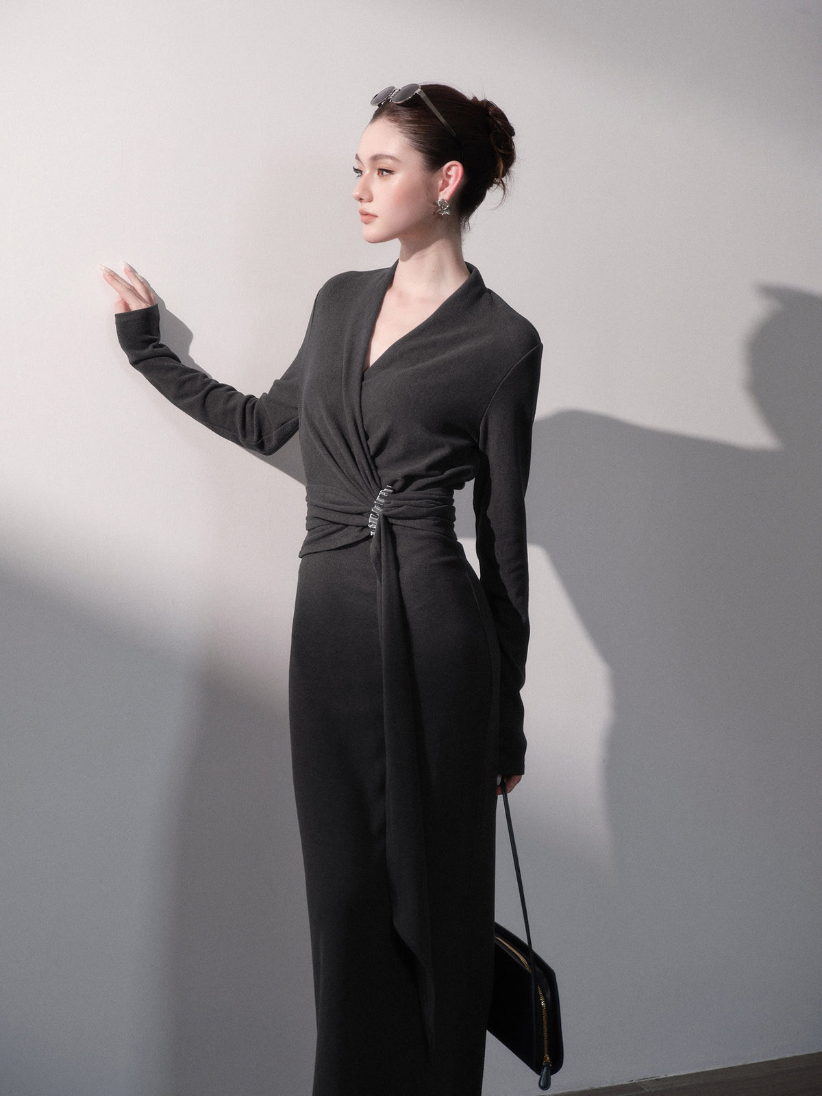 Stretch Wrap V-Neck Knit Dress — Load image 5 in gallery view