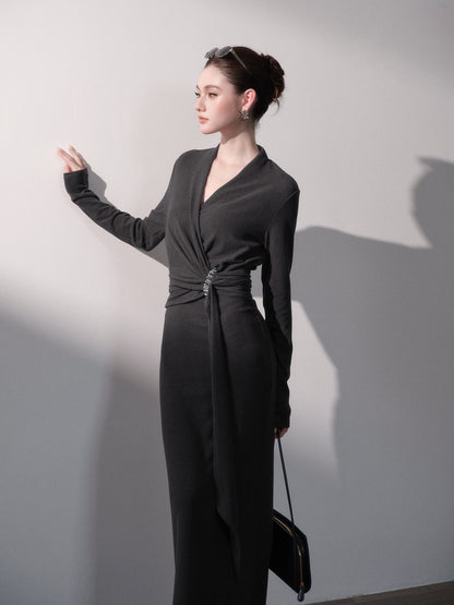 Stretch Wrap V-Neck Knit Dress