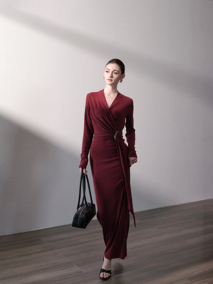 Stretch Wrap V-Neck Knit Dress