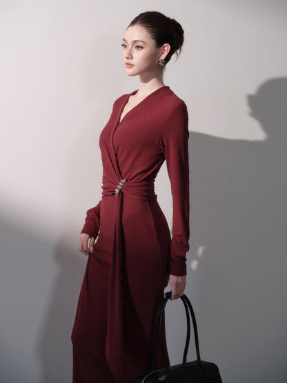 Stretch Wrap V-Neck Knit Dress