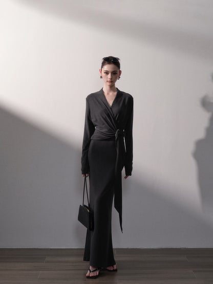 Wrap V-Neck Knit Maxi Dress