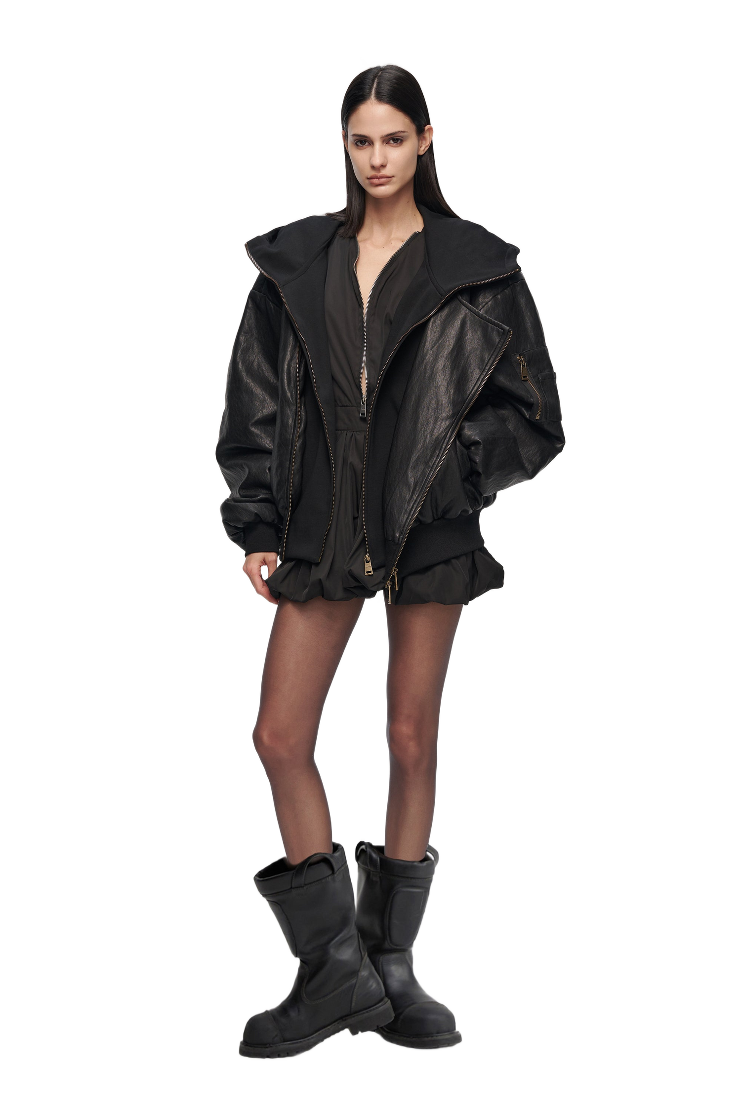 Oversized Leather Bomber Jacket in Black