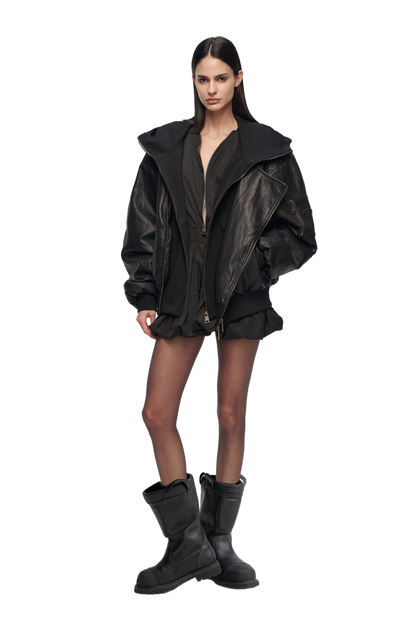 Oversized Leather Bomber Jacket in Black