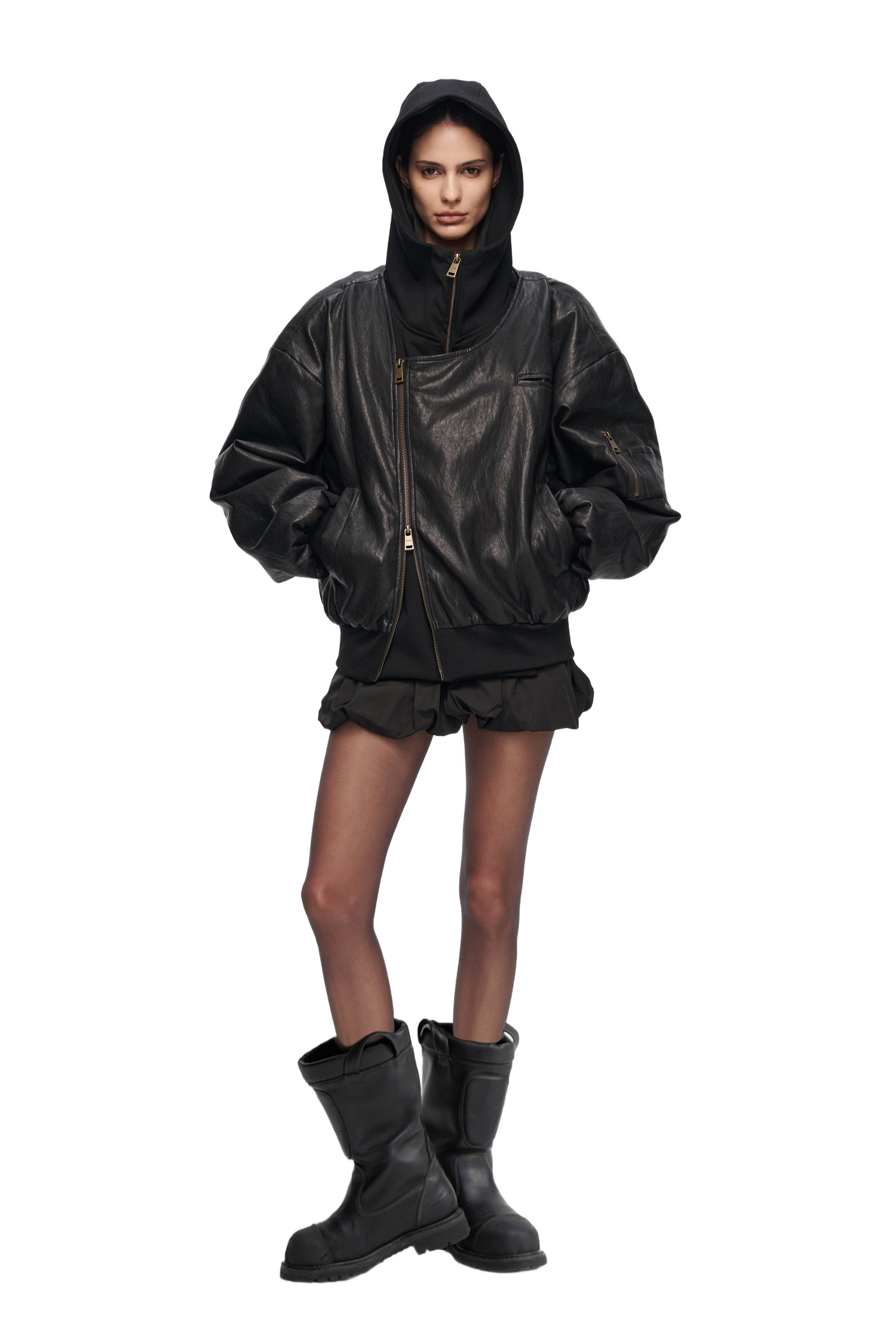 Oversized Leather Bomber Jacket in Black