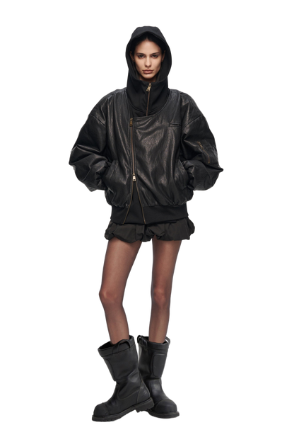 Oversized Leather Bomber Jacket in Black
