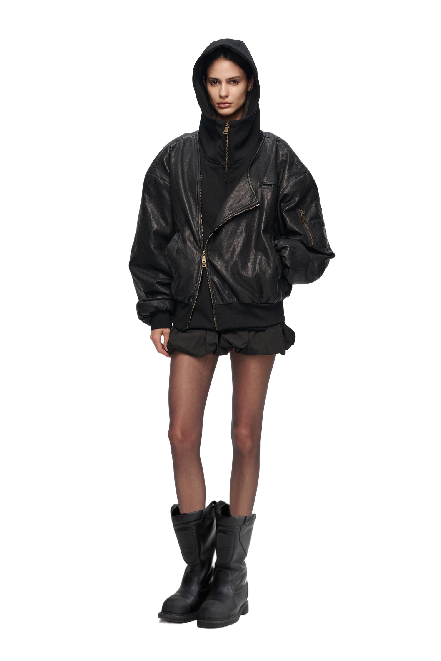 Oversized Leather Bomber Jacket in Black