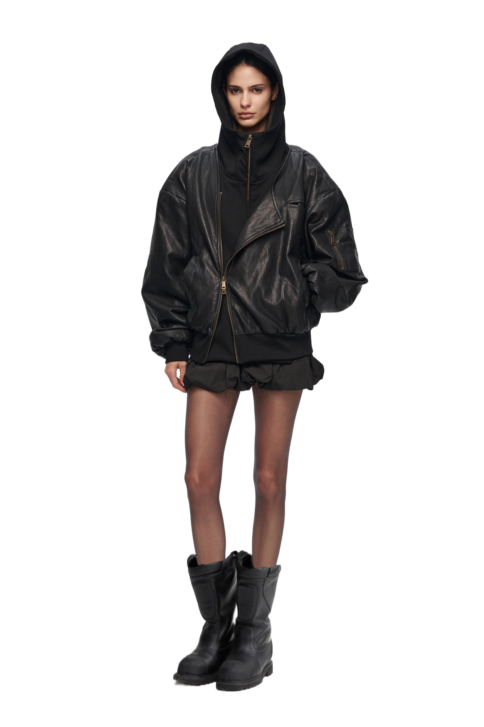 Oversized Leather Bomber Jacket in Black