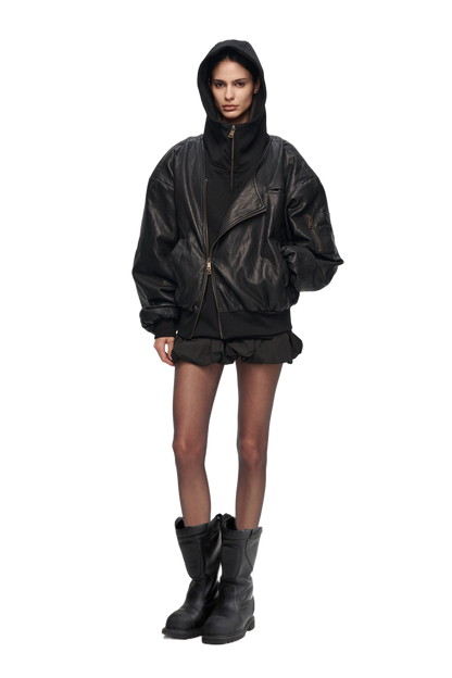 Oversized Leather Bomber Jacket in Black